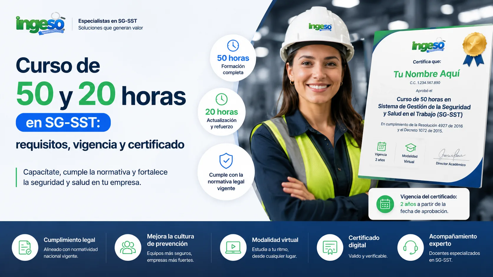 Curso de 50 y 20 horas en SG-SST: requisitos, vigencia y certificado